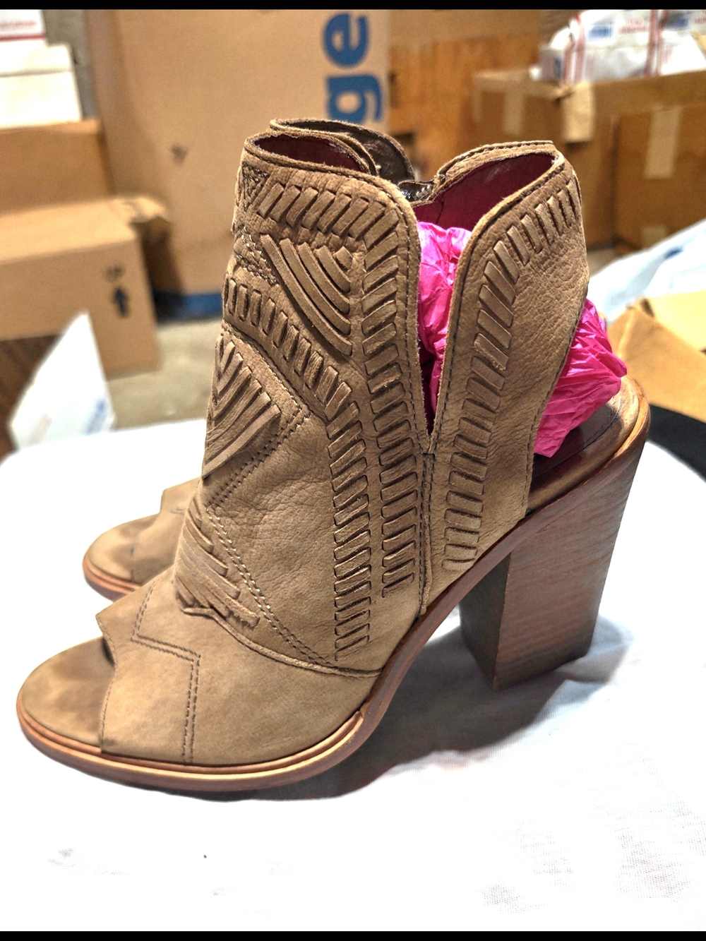 Vince Camuto Tan Suede Open-Toe Stacked Heel Mules